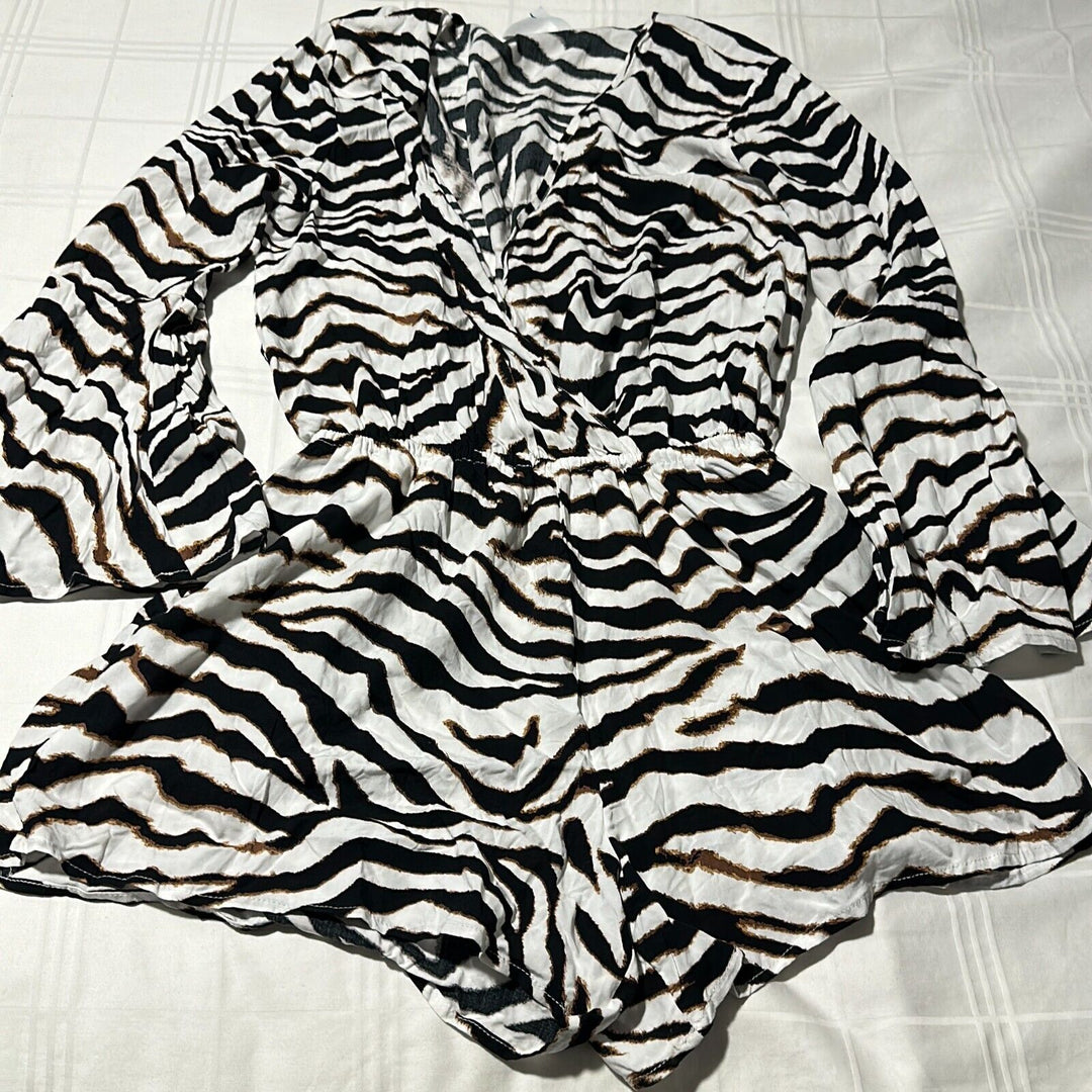 Bar III Women's White Zebra Print Long Sleeve V-Neck Romper Swim Cover Up Size M