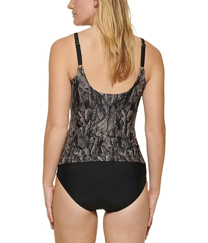 Calvin Klein Women's Black Animal Print Twist Tummy Control Tankini Swim Top S