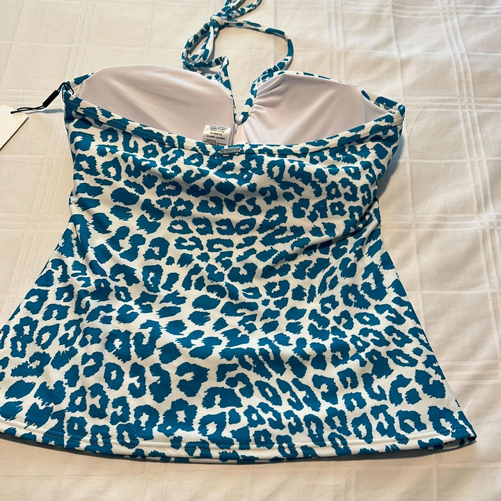 Calvin Klein Women's Blue Leopard Print V-Wire Halter Bandeau Tankini Top Sz XL