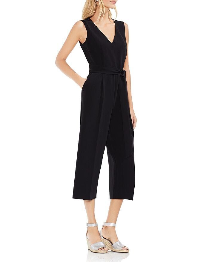 Vince Camuto Womens Rich Black Essentia Crepe Tie Front Wide Leg Jumpsuit Size 2