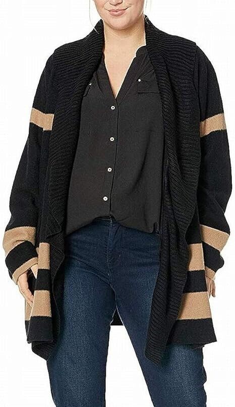 Calvin Klein Women's Black Tan Ribbed Open Front Cardigan Sweater Size 1X