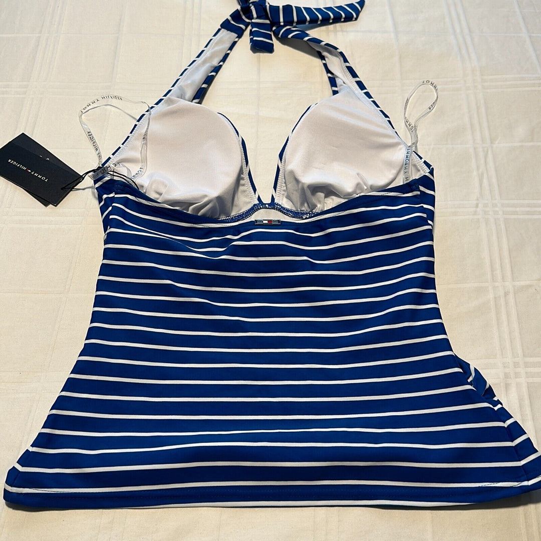 Tommy Hilfiger Women's Gulf Blue Striped Ruched Halter Tankini Swim Top Size S