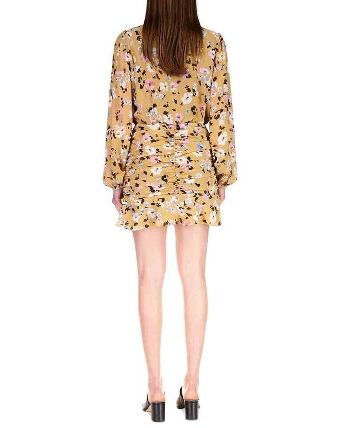 Sanctuary Women's Yellow Floral Long Sleeve V-Neck Ruched Mini Dress Size 12