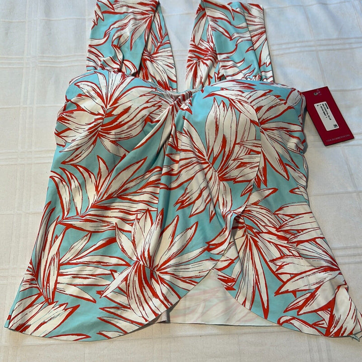 Vince Camuto Women's Coastal Blue Palm Leaf Draped Convertible Tankini Top Sz S