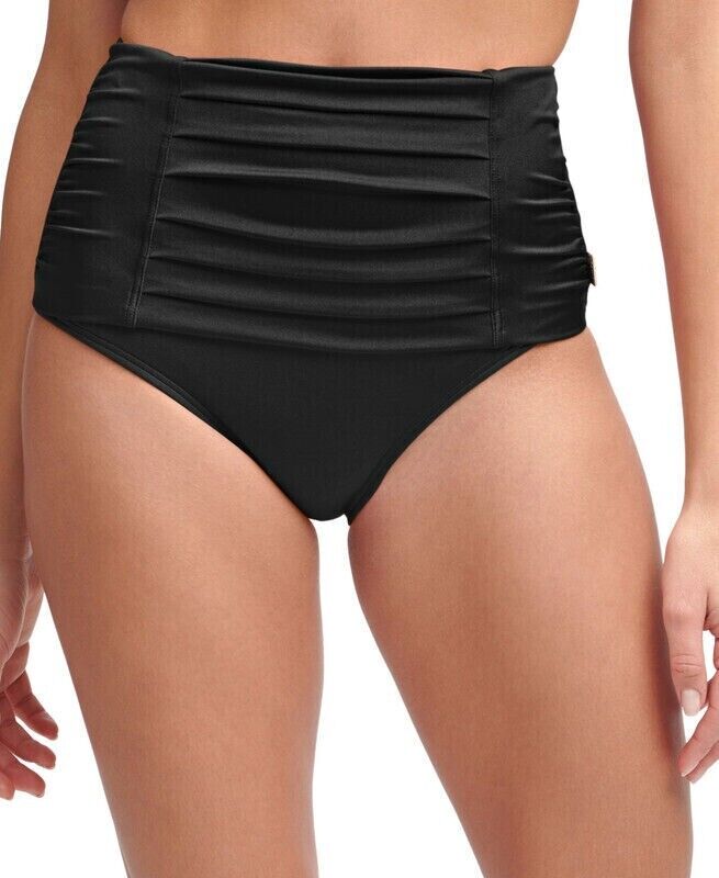 Calvin Klein Women's Black Pleated Stretch High-Waist Bikini Bottom Size Large