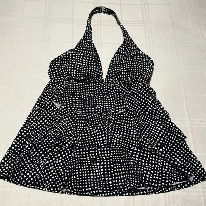 Swim Solutions Women's Black White Halter Triple Tiered Tankini Swim Top Size 8