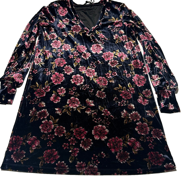 1.State Women's Blue Night Velvet Floral Long Sleeve Short Blouson Dress Size S