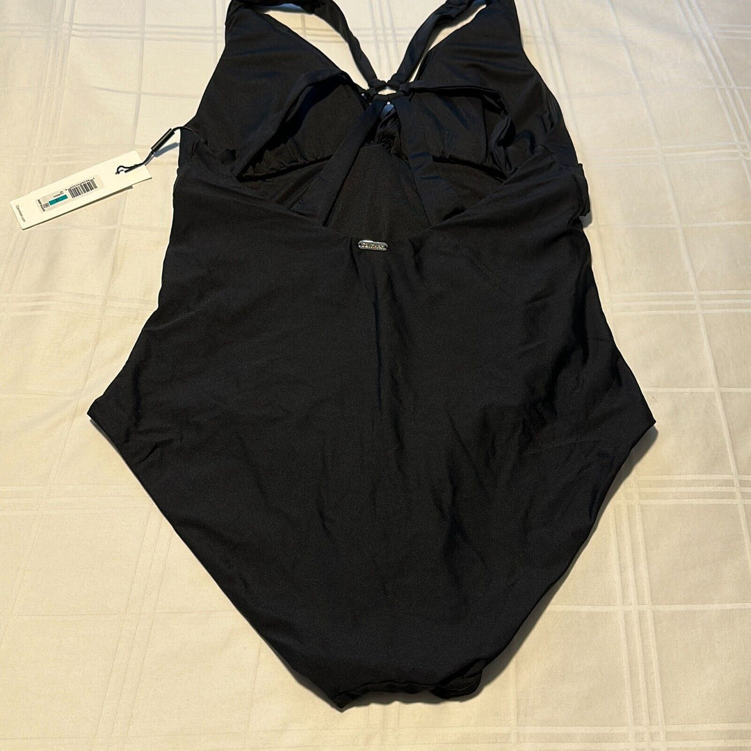 Calvin Klein Women's Black Strappy Back Plunge Neck One Piece Swimsuit Size 16