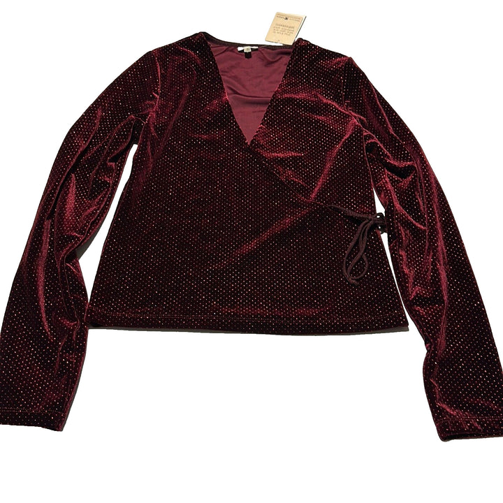 Self E Esteem Women's Burgundy Glitter Tie Side Long Sleeve Blouse Top Sz Small