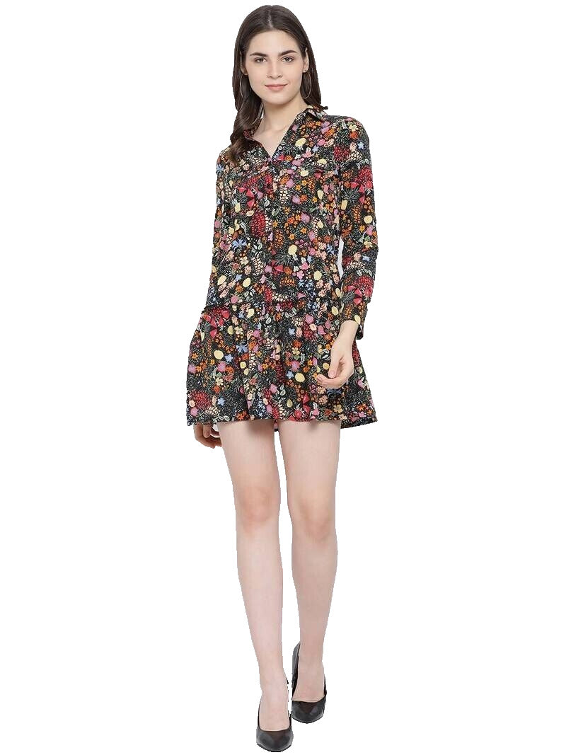 Vince Camuto Women's Floral Rich Black Off The Grid Peasant Mini Dress Size XL