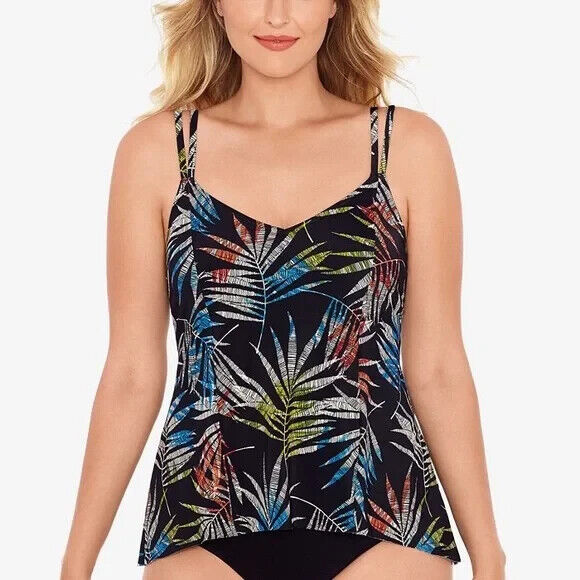 Swim Solutions Women's Black Palm Leaf V-Neck Swimwear Tankini Top Size 12