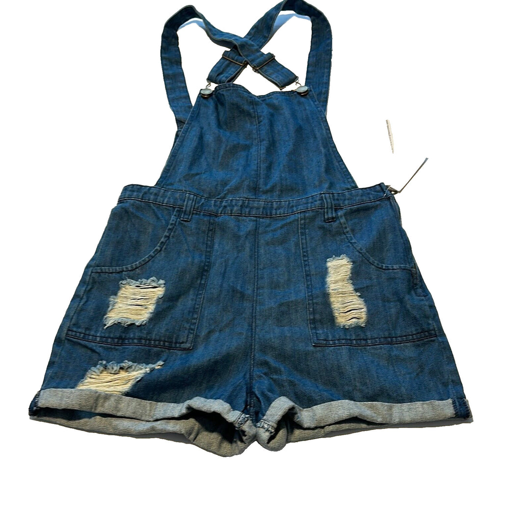 Tinsel Town Women's Cotton Blue Denim Dark Wash Distressed Overalls Size Medium