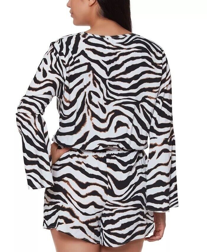 Bar III Women's White Zebra Print Long Sleeve V-Neck Romper Swim Cover Up Size M