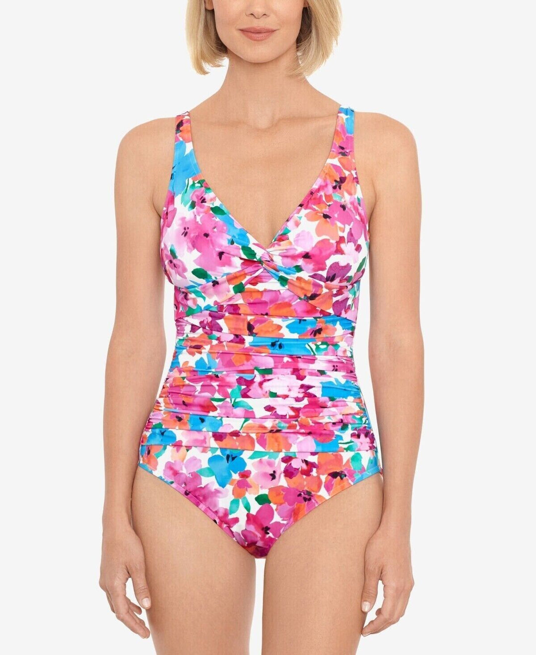 Swim Solutions Women's Pink Floral Twist Front Ruched One Piece Swimsuit Size 10