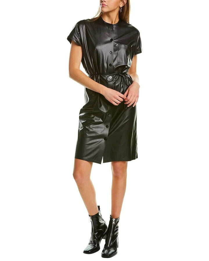 Theory Women's Black Paper Faux Leather Button Front Triangle Shift Dress Size S