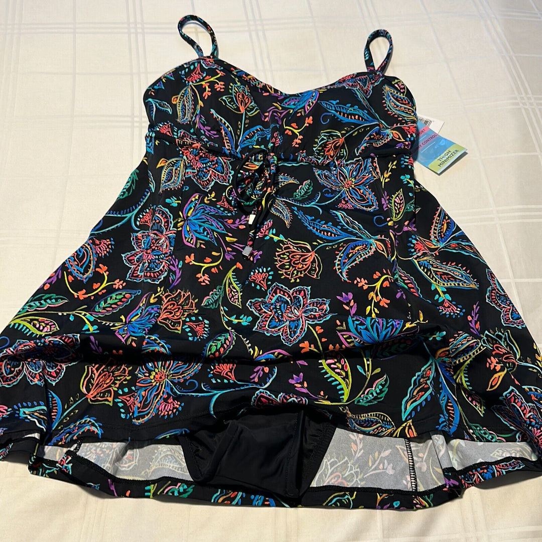 Swim Solutions Women's Black Tummy Control Empire Princess Seam Swimdress Size 8