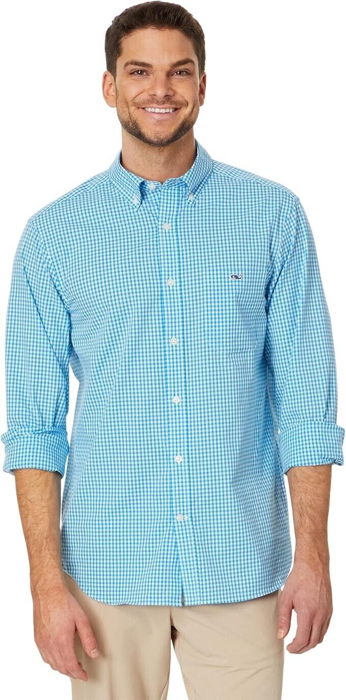 Vineyard Vines Mens Keel Blue Plaid Classic Fit Gingham Poplin Shirt Size 2XL