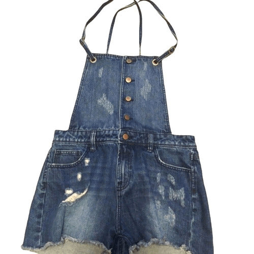 Tinsel Town Womens Blue Cotton Medium Wash Distressed One Piece Overall Size S