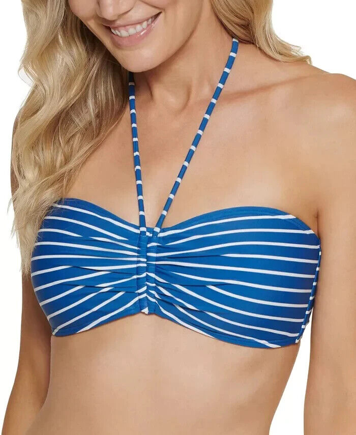 Tommy Hilfiger Women's Gulf Blue Striped Convertible Bandeau Bikini Swim Top M