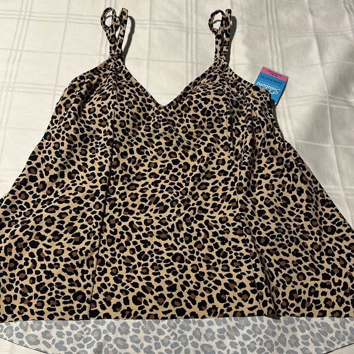 Swim Solutions Women's Black Leopard Print Princess Seam High Low Tankini Top 10