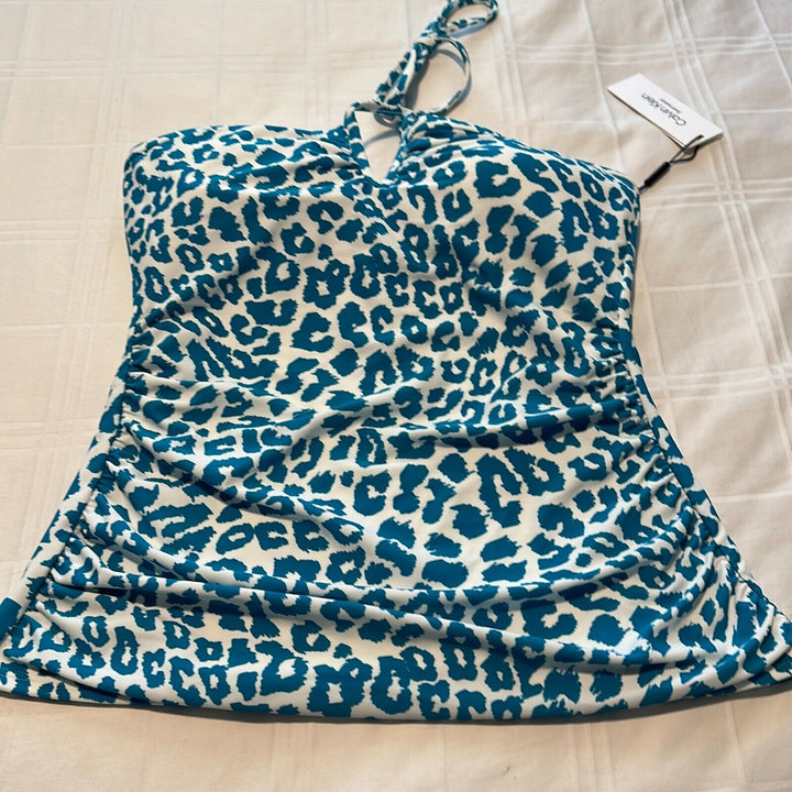 Calvin Klein Women's Blue Leopard Print V-Wire Halter Bandeau Tankini Top Sz XL