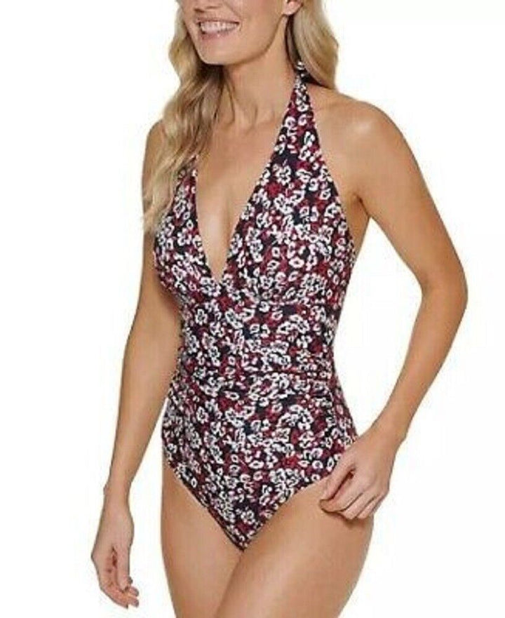 Tommy Hilfiger Women's Red Floral Hamilton Halter One Piece Swimsuit Size 6