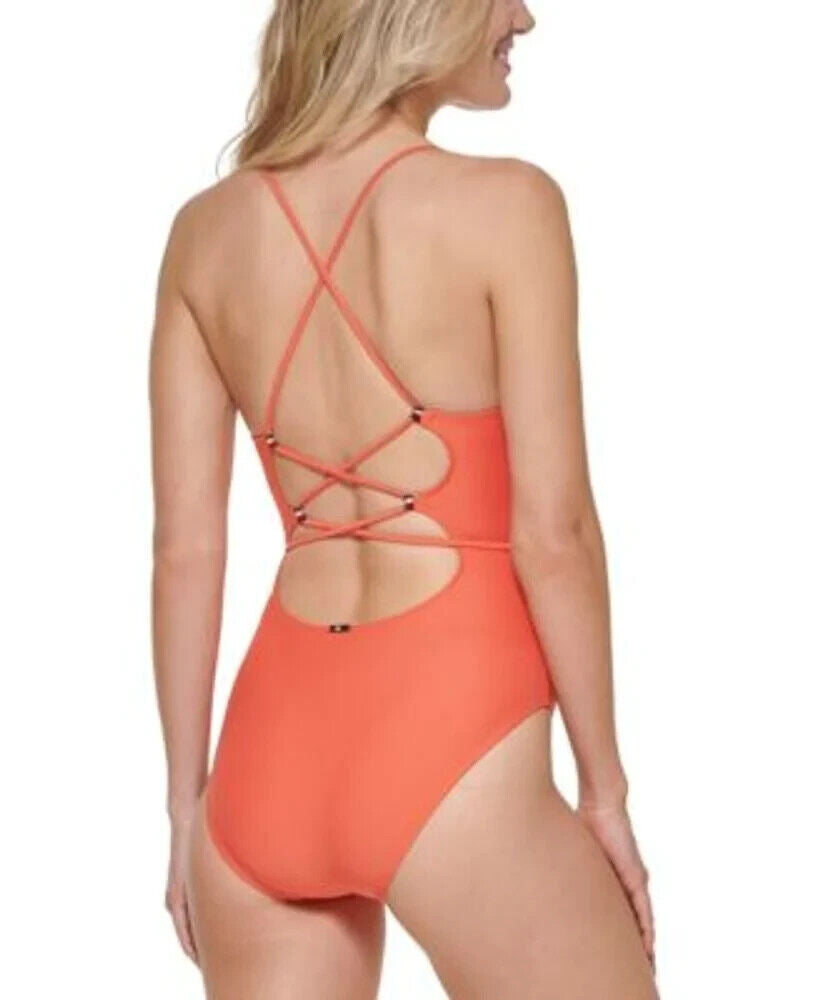 Tommy Hilfiger Women's Emberglow Crisscross Back Tiered One Piece Swimsuit Sz 10