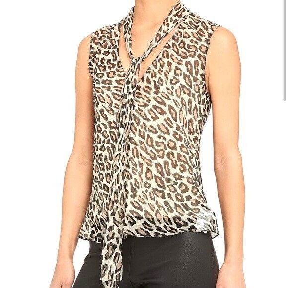 Theory Women's Ivory Leopard Print Sleeveless Crinkle Tie Blouse Top Size PP