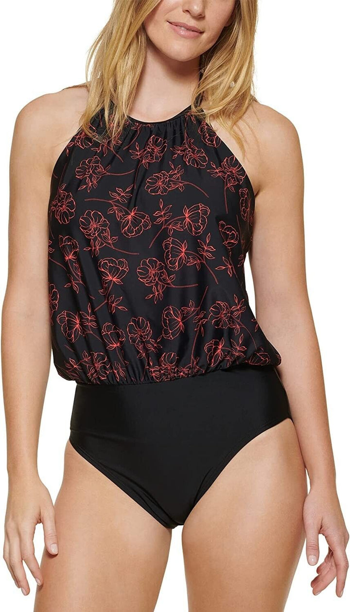 Calvin Klein Women's Black Energy Floral Blouson One Piece Swimsuit Size 6