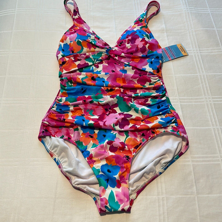 Swim Solutions Women's Pink Floral Twist Front Ruched One Piece Swimsuit Size 10