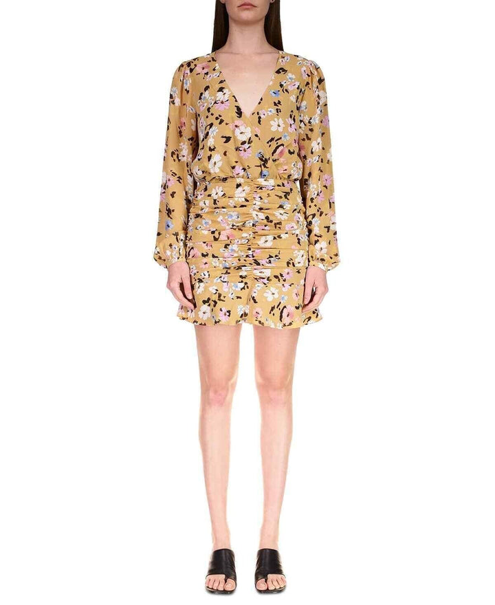 Sanctuary Women's Yellow Floral Long Sleeve V-Neck Ruched Mini Dress Size 10