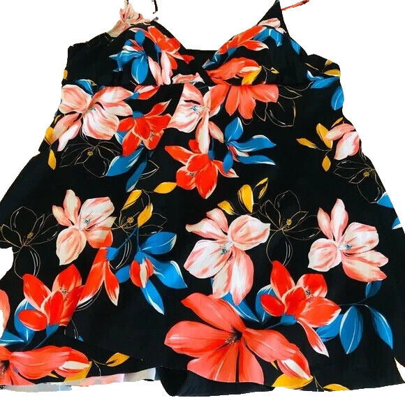 Swim Solutions Women's Black Floral V-Neck Triple Tier Tankini Top Size 10