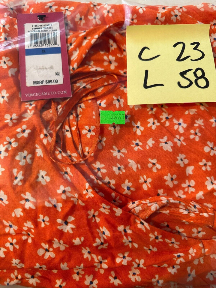 Vince Camuto Women V Neck Floral Sunset Orange Summer Maxi Dress Size XL