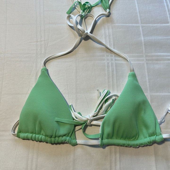 BECCA Women's Green Ribbed Tasseled Strappy Triangle Bikini Top Size Small