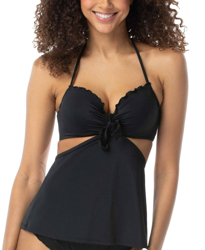 SUNDAZED Valorie Ruffled Cutout Underwire Tankini Top Black 32B