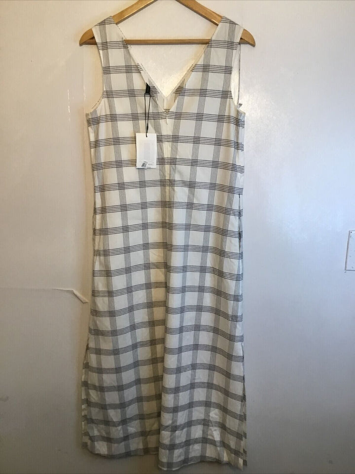 Theory Women's Ivory Spring Plaid Deep V-Neck Side Slit A Line Midi Dress Size M