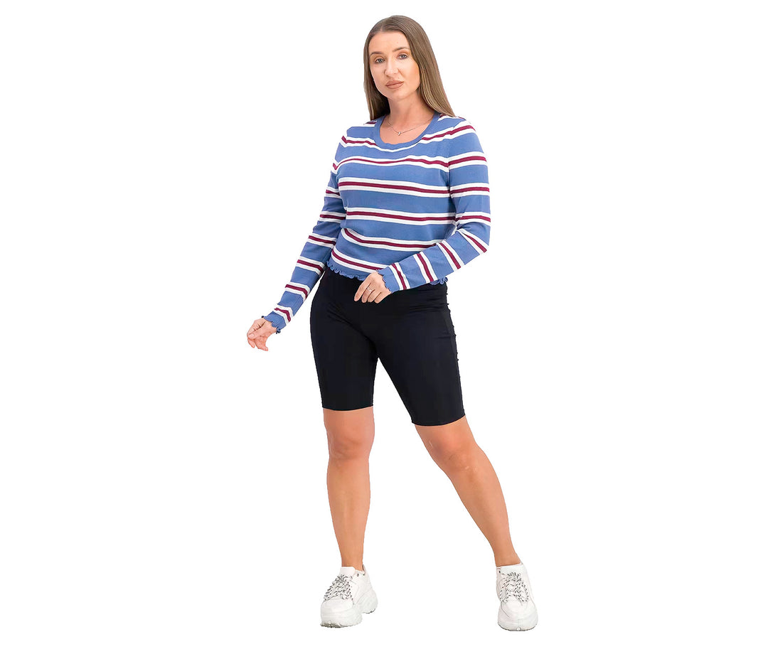 Ultra Flirt Women's Midnight Blue Striped Lettuce Edge Pullover Sweatshirt Sz M