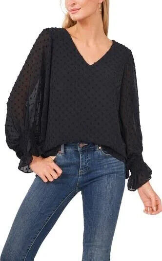 Vince Camuto Women's  Long Sleeve Spring Injections Rich Black V Neck Top Size S