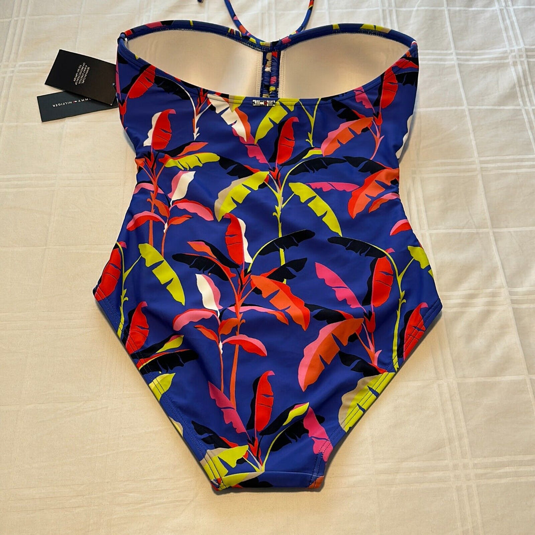 Tommy Hilfiger Women's Blue Leaf Beverly Hills Bandeau One Piece Swimsuit Size 6