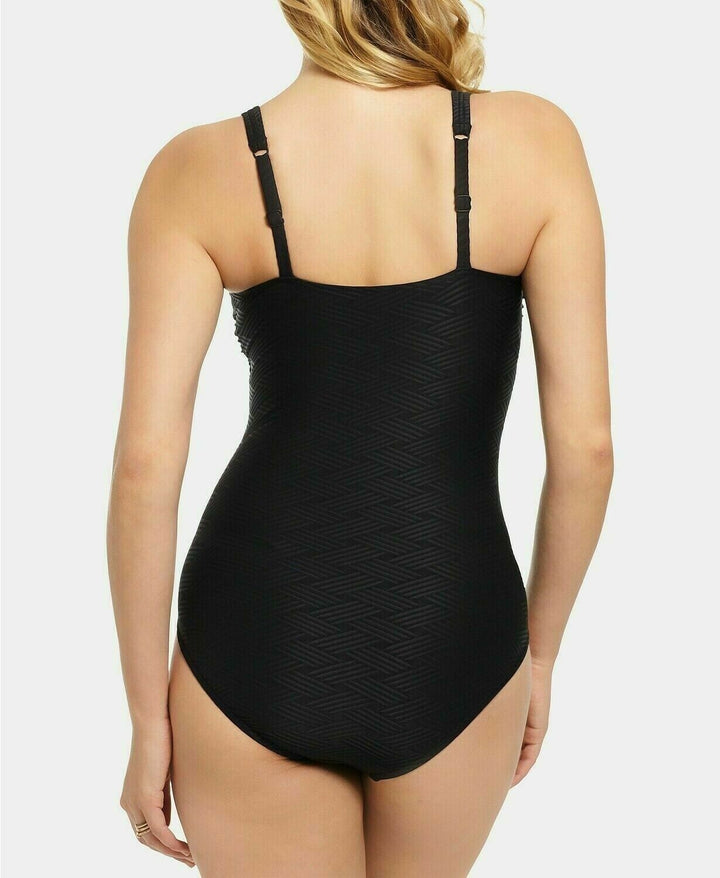 Swim Solutions Solid Textured Lace-Front One-Piece Swimsuit Black 10