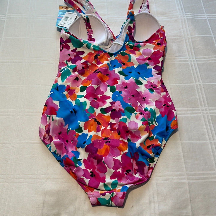 Swim Solutions Women's Pink Floral Twist Front Ruched One Piece Swimsuit Size 10