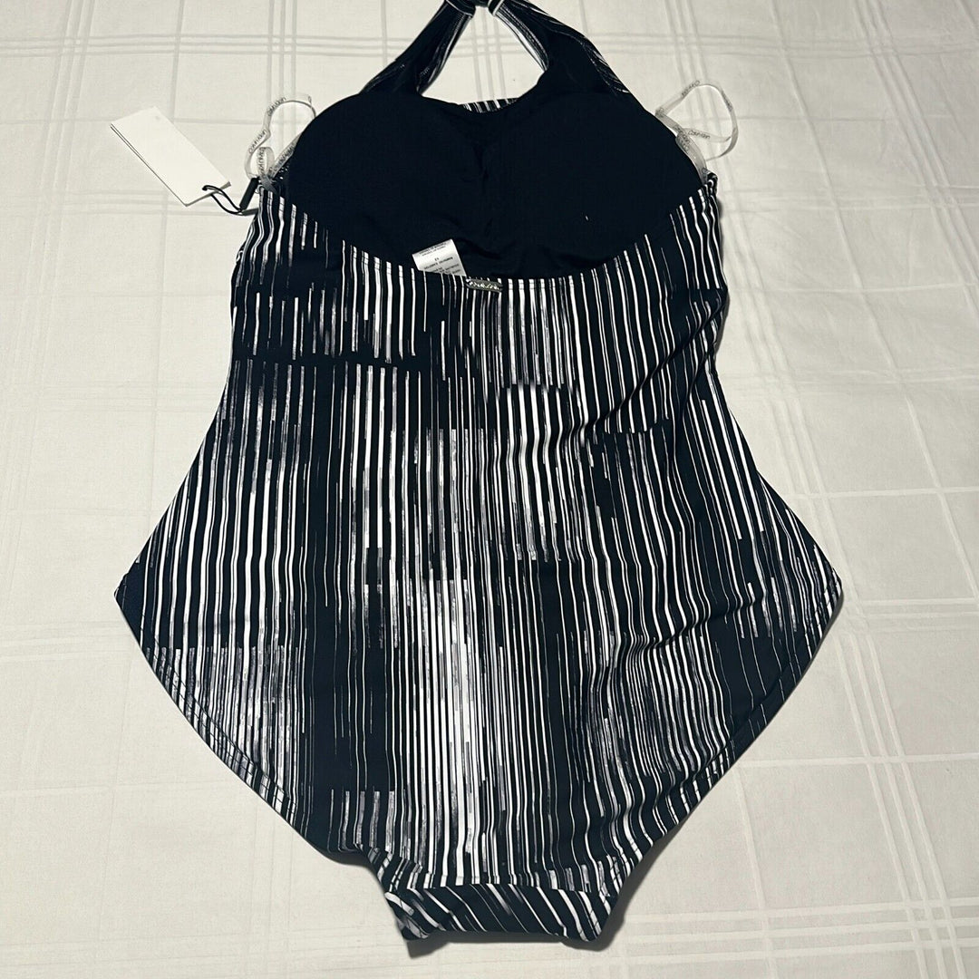 Calvin Klein Women's Black Striped Side Shirred Halter One-Piece Swimsuit Sz 12