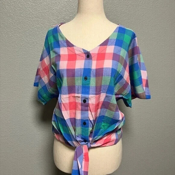 Style & Co. Women's Super Sonic Blue Plaid Woven Tie Front Blouse Top Size XL