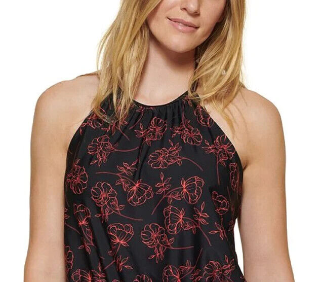 Calvin Klein Women's Black Floral Blouson Halter One Piece Swimsuit Size 16