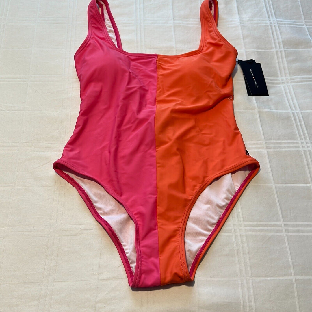 Tommy Hilfiger Women's Pink Stretch Square Neck One Piece Swimsuit Size 8