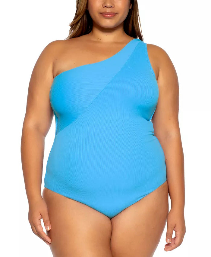 Becca Women's Waterfall Blue Asymmetrical Neck One-Piece Swimsuit Size 0X