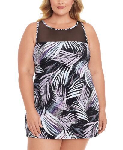 Swim Solutions Women's Multicolor Sprinkle Leaf Tummy Control Mesh Swimdress 18W