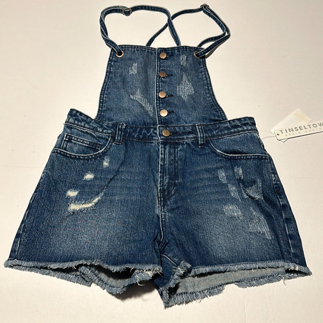 Tinsel Town Womens Blue Cotton Medium Wash Distressed One Piece Overall Size S