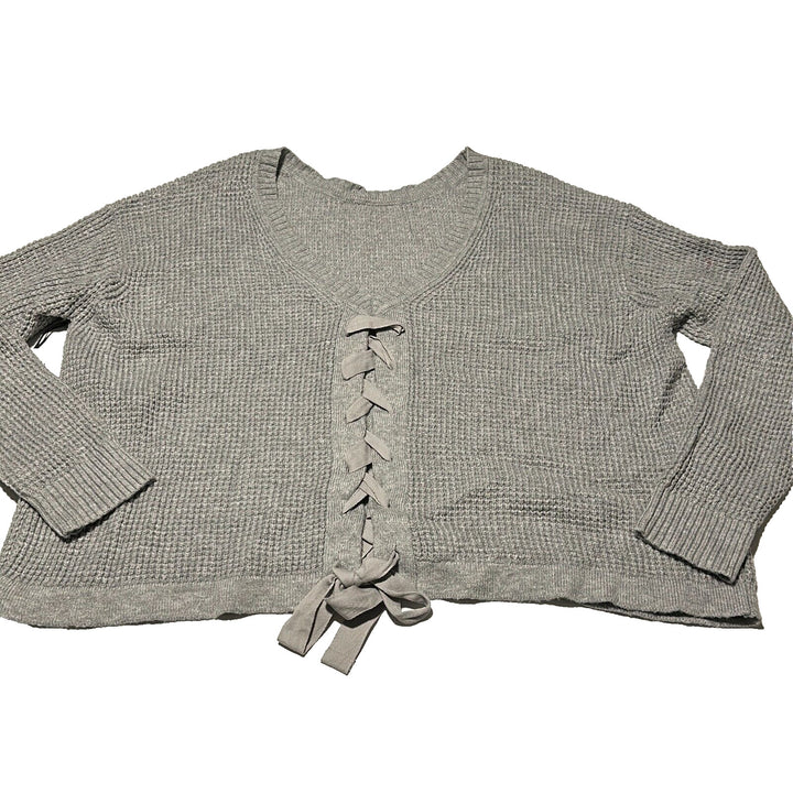 1.STATE Women's Gray Heather Knitted Back Lace-Up Pullover Sweater Size Medium