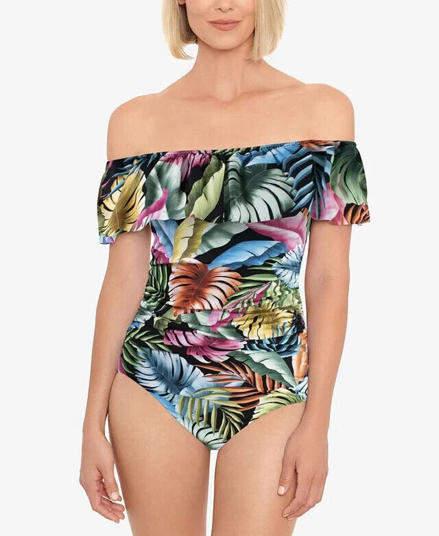 Swim Solutions Women's Black Palm Leaf Off The Shoulder One Piece Swimsuit Sz S